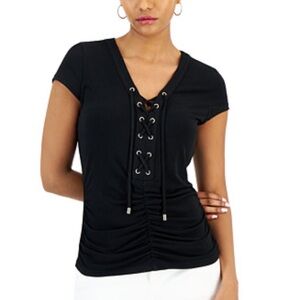 INC International Concepts Black Lace-Up V-neck Short Sleeve Top